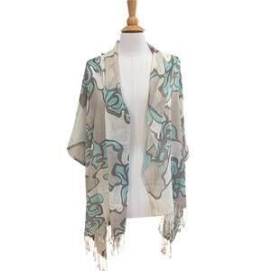Paisley Road Cotton Floral Large Wrap/Scarf Pale Blue, Ivory, Gray, Fringe Boho